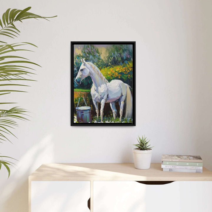 Transform your space with the stunning WHITE HORSE in the GARDEN Canvas Wall Art by Queennoble! 🌿🐴✨