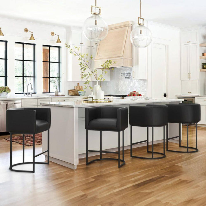 Counter Height Bar Stool - Low Back with Black Metal Frame - Dark Gray Linen Fabric Stool (Set of 3)